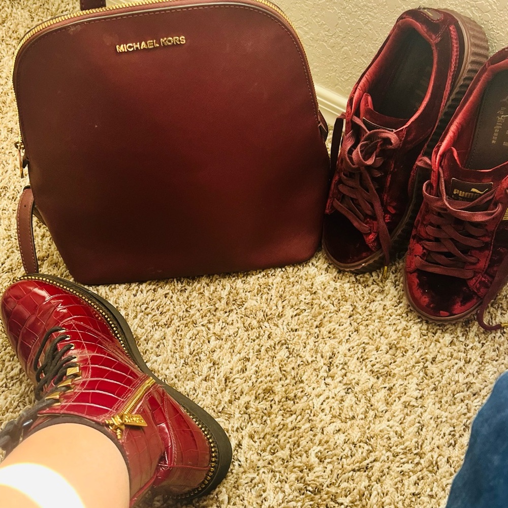 Michael Kors Women's Red Croc-Embossed Combat Boots - Picture 3 of 6